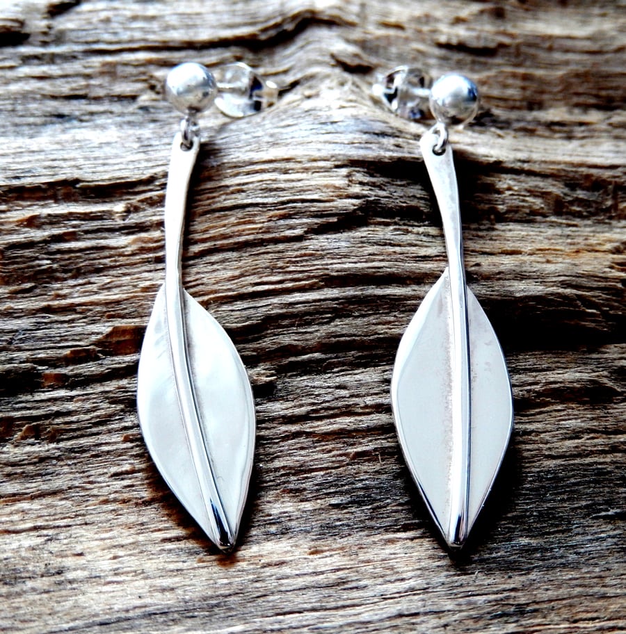 Recycled Sterling Silver handmade Leaf Drop Earrings: Silver