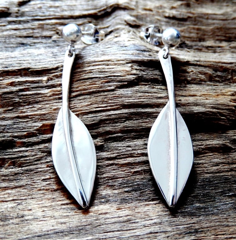 Recycled Sterling Silver handmade Leaf Drop Earrings: Silver