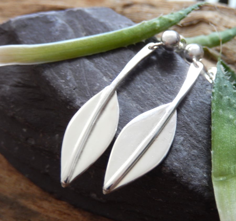 Recycled Sterling Silver handmade Leaf Drop Earrings: Wedding