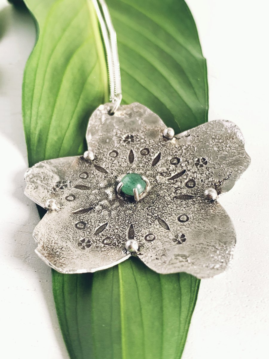 Recycled Handmade Sterling Silver Flower Aventurine Pendant