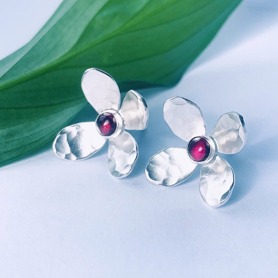 Recycled Handmade Sterling Silver Garnet Flower Stud earrings