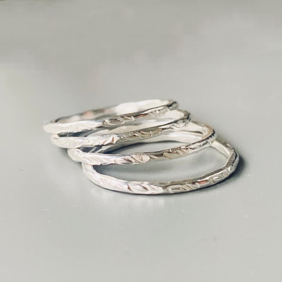 Recycled Sterling Silver Leaf Design Stacking Rings 