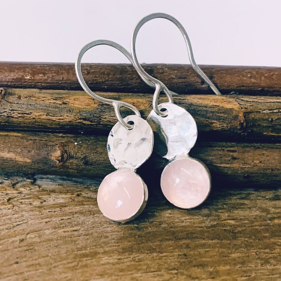   Recycled Handmade Sterling Silver Rose quartz drop earrings