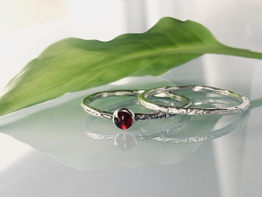 Recycled Handmade Sterling Silver Garnet Ring and Leaf Textured Ring