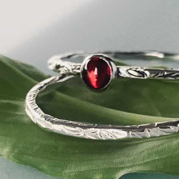 Recycled Handmade Sterling Silver Garnet Ring and Leaf Textured Ring