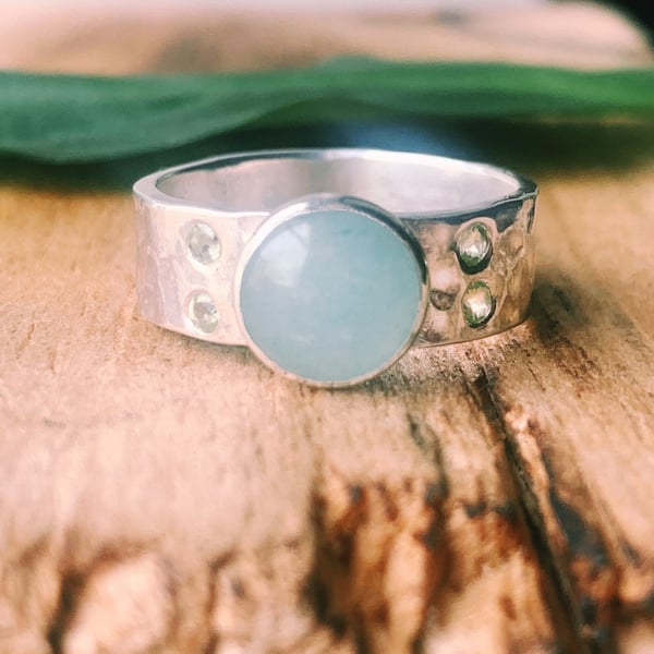 Recycled Sterling Silver Handmade Peridot and Aventurine Ring