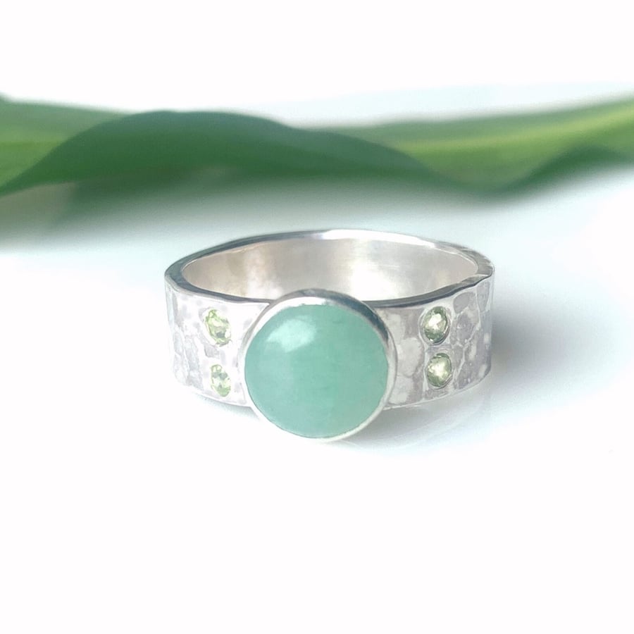 Recycled Sterling Silver Handmade Peridot and Aventurine Ring