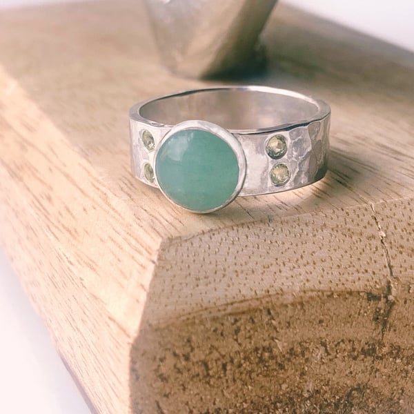 Recycled Sterling Silver Handmade Peridot and Aventurine Ring