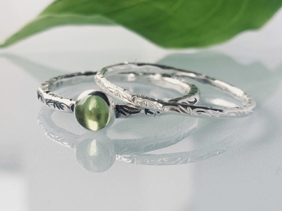 Recycled Handmade Sterling Silver Peridot Ring and Leaf Textured Ring
