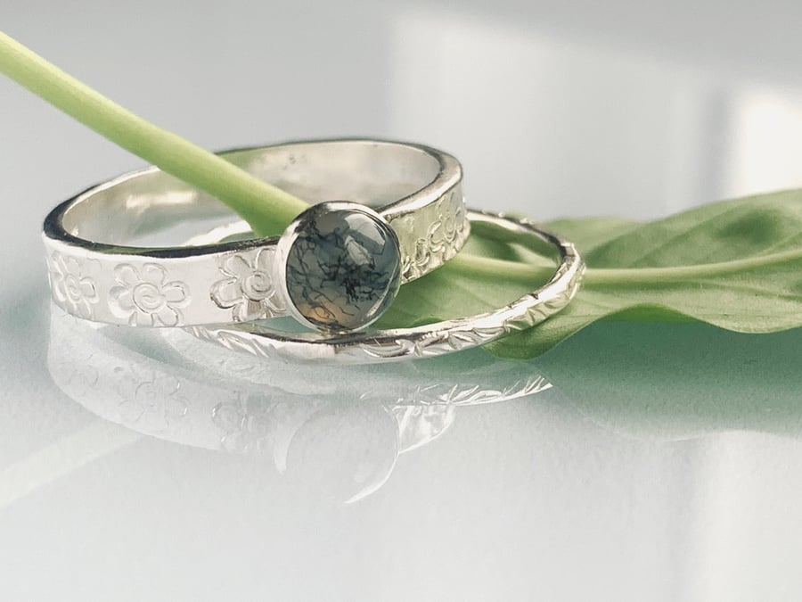 Recycled Handmade Sterling Silver Moss Agate Flower Ring and Leaf Textured Ring