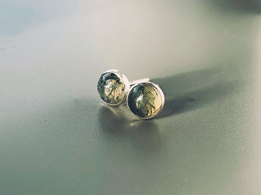 Recycled Handmade Sterling Silver Moss Agate Stud earrings