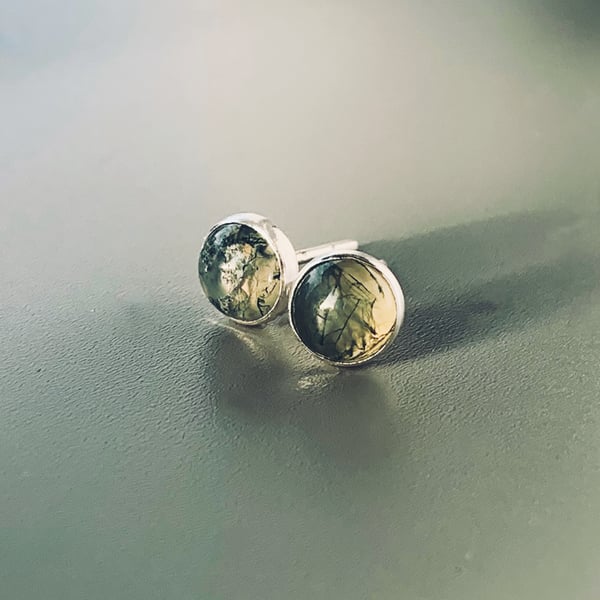 Recycled Handmade Sterling Silver Moss Agate Stud earrings