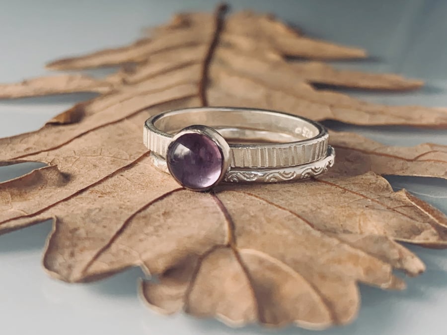 Recycled Handmade Sterling Silver Amethyst Textured Ring & Spiral Textured Ring
