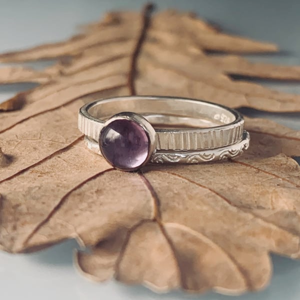 Recycled Handmade Sterling Silver Amethyst Textured Ring & Spiral Textured Ring