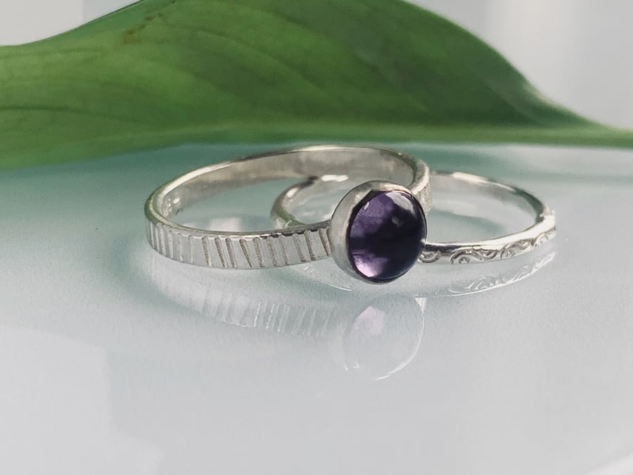 Recycled Handmade Sterling Silver Amethyst Textured Ring & Spiral Textured Ring