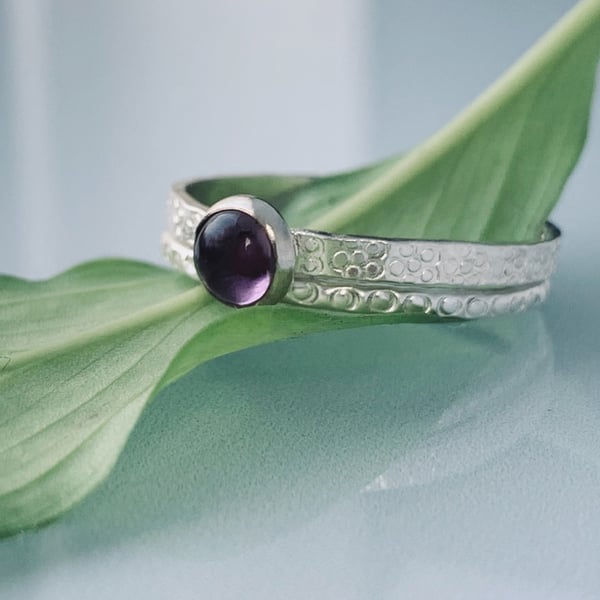 Recycled Handmade Sterling Silver Amethyst Textured Ring & Circle Textured Ring