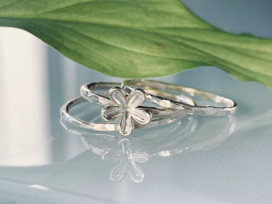 Recycled Handmade Sterling Silver Flower Ring Stack