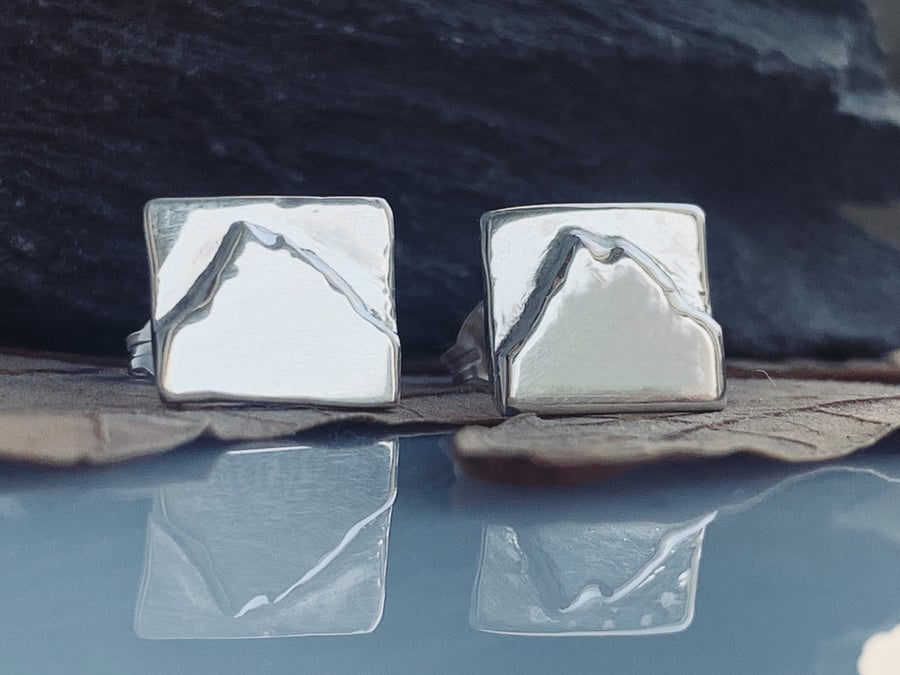 Recycled Handmade Sterling Silver Ben Lomond Stud Earrings, Handmade in Scotland