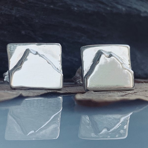 Recycled Handmade Sterling Silver Ben Lomond Stud Earrings, Handmade in Scotland