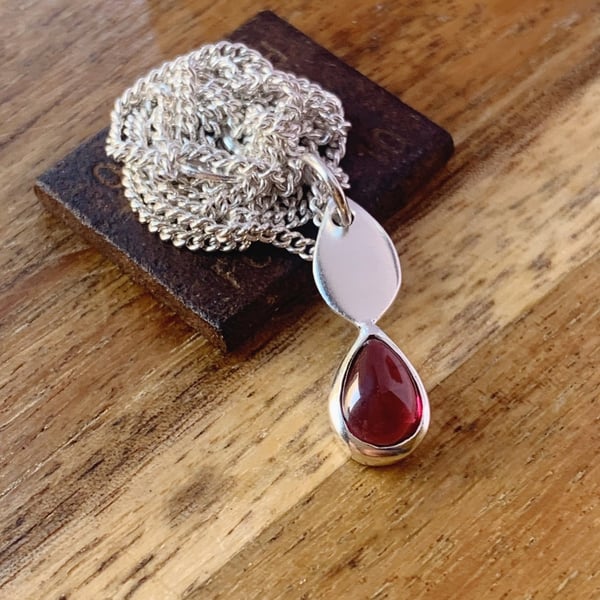 Recycled Handmade Sterling Silver Garnet Teardrop Pendant