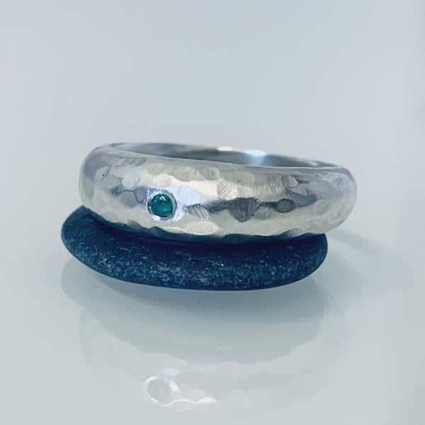 Recycled Handmade Sterling Silver Domed Emerald  Ring