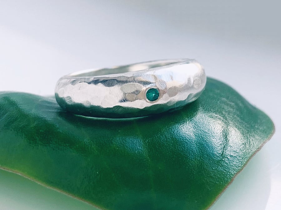 Recycled Handmade Sterling Silver Domed Emerald  Ring