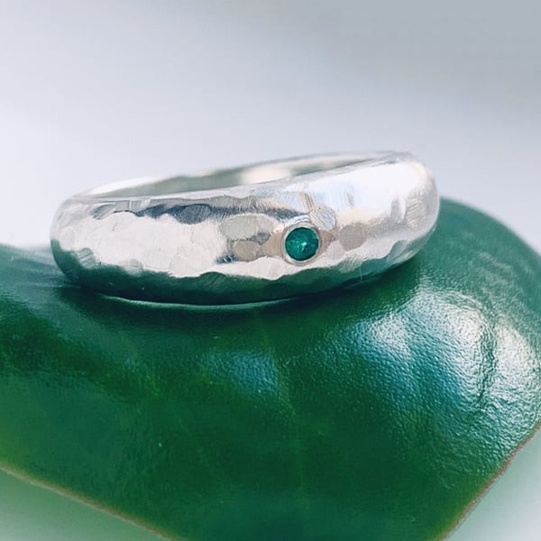 Recycled Handmade Sterling Silver Domed Emerald  Ring