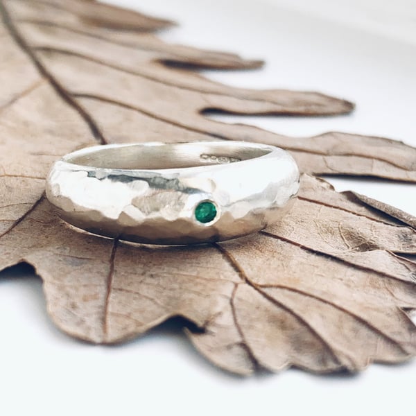 Recycled Handmade Sterling Silver Domed Emerald  Ring