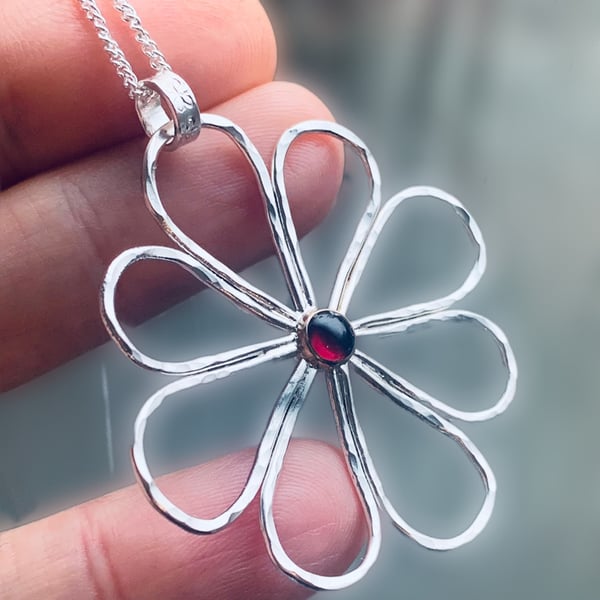 Recycled Handmade Sterling Silver and Gold Garnet Flower Pendant