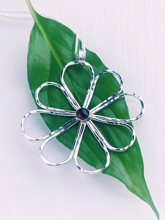 Recycled Handmade Sterling Silver and Gold Garnet Flower Pendant