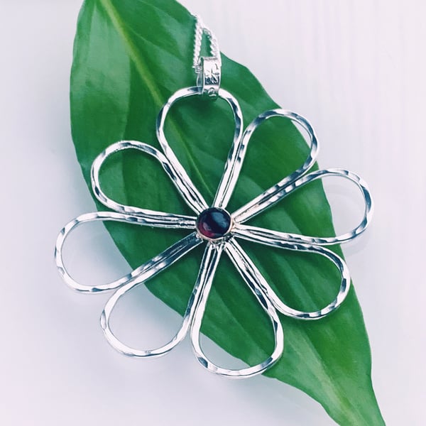 Recycled Handmade Sterling Silver and Gold Garnet Flower Pendant