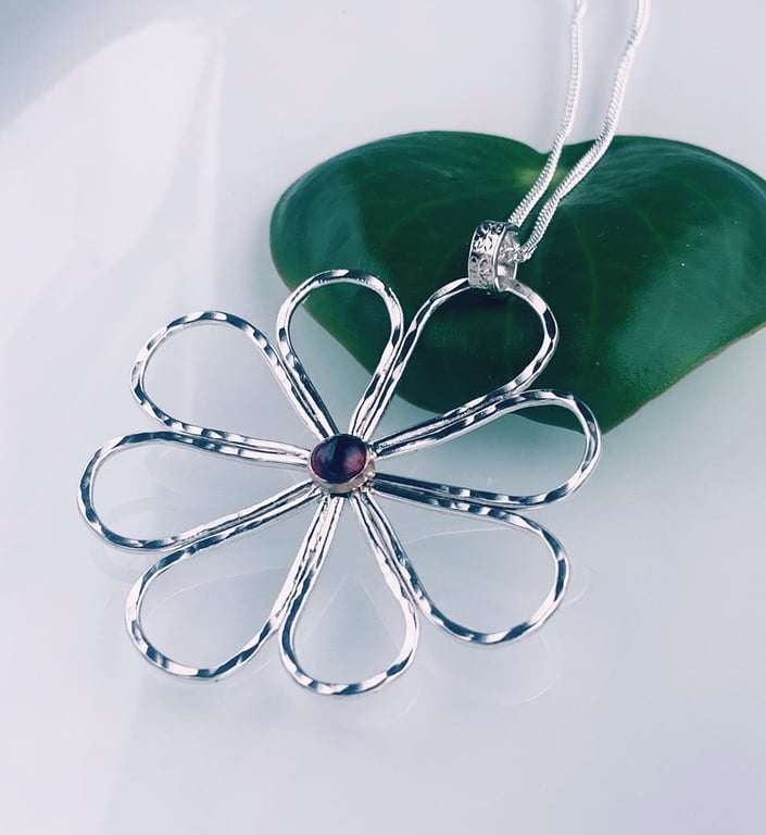 Recycled Handmade Sterling Silver and Gold Garnet Flower Pendant