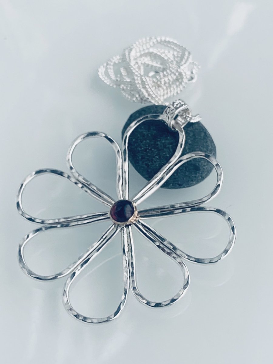 Recycled Handmade Sterling Silver and Gold Garnet Flower Pendant