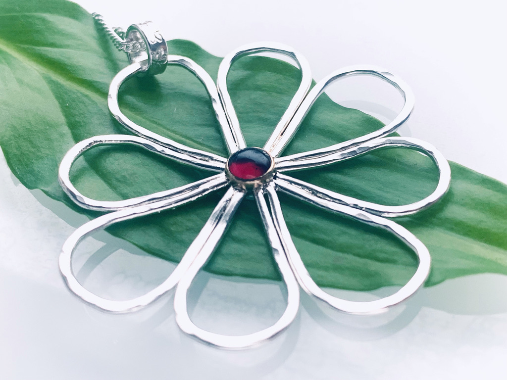 Recycled Handmade Sterling Silver and Gold Garnet Flower Pendant