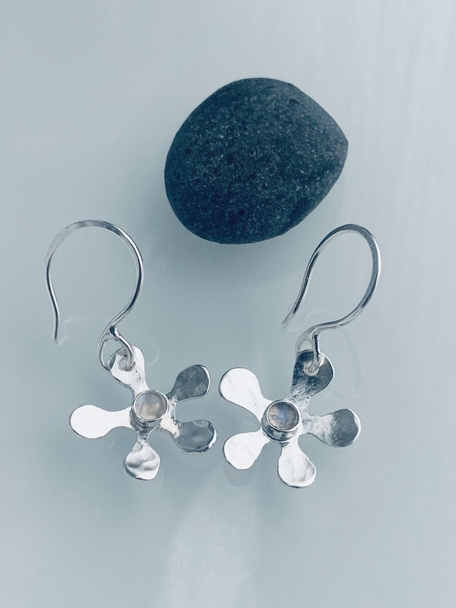 Recycled Handmade Sterling Silver Moonstone Organic Design Drop Earrings