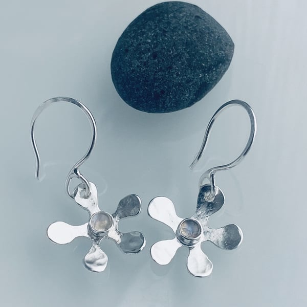 Recycled Handmade Sterling Silver Moonstone Organic Design Drop Earrings