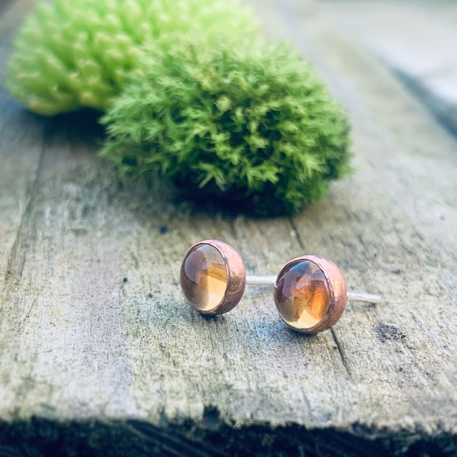 Recycled Handmade Sterling Silver and Copper Citrine Stud earrings