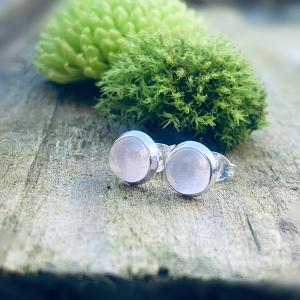 Sterling Silver Rose quartz Stud earrings, Silver 