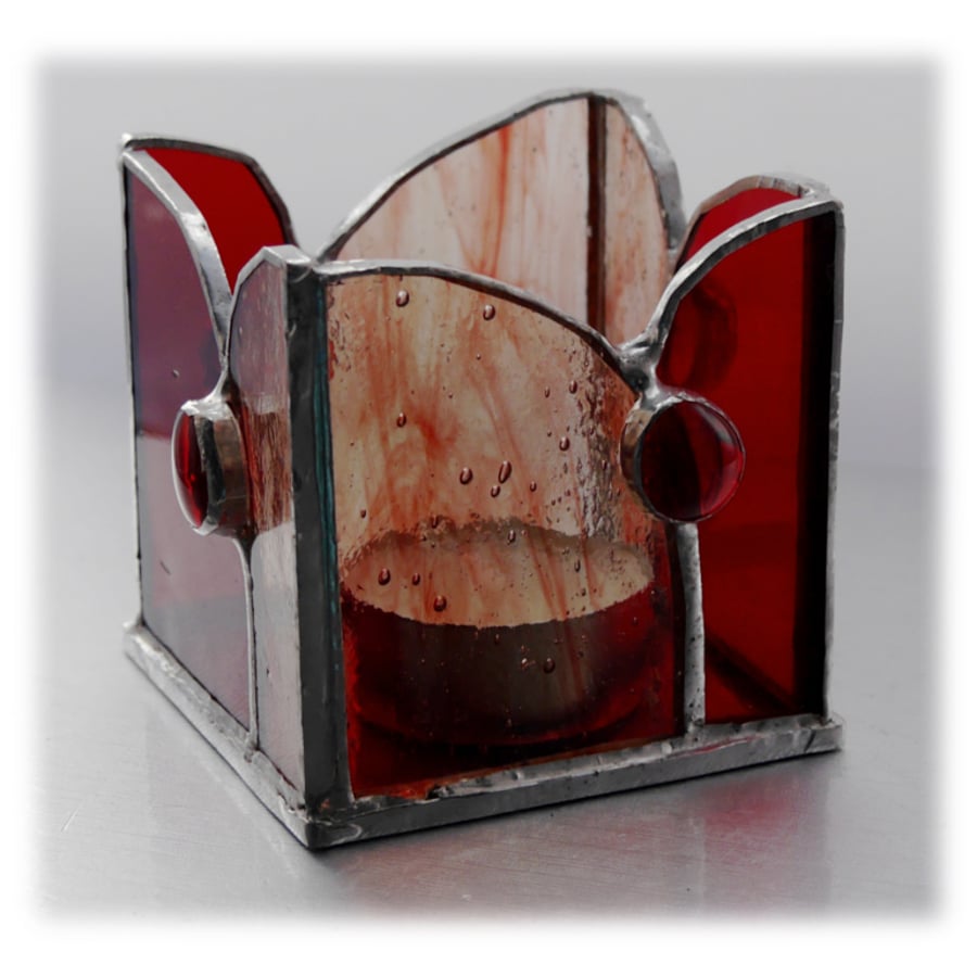 Candle Holder Box Stained Glass Handmade Red Votive Card 