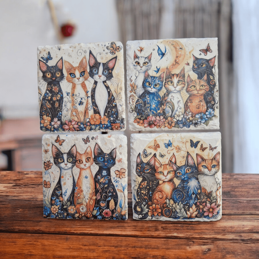 Cats Decoupaged Slate Coasters Set of 4