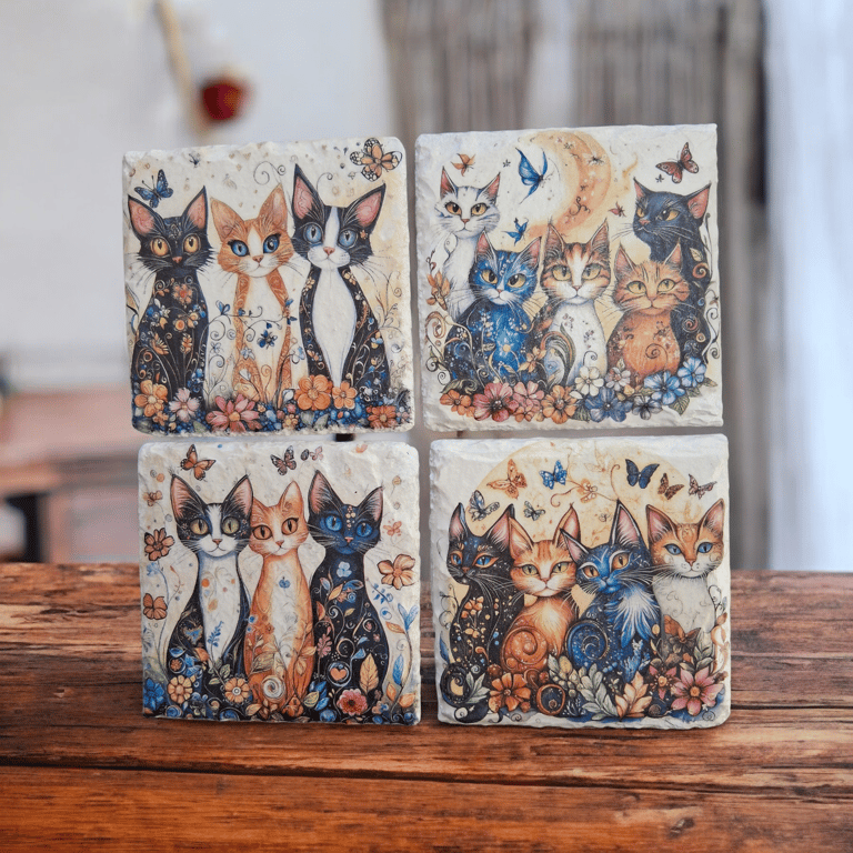Cats Decoupaged Slate Coasters Set of 4