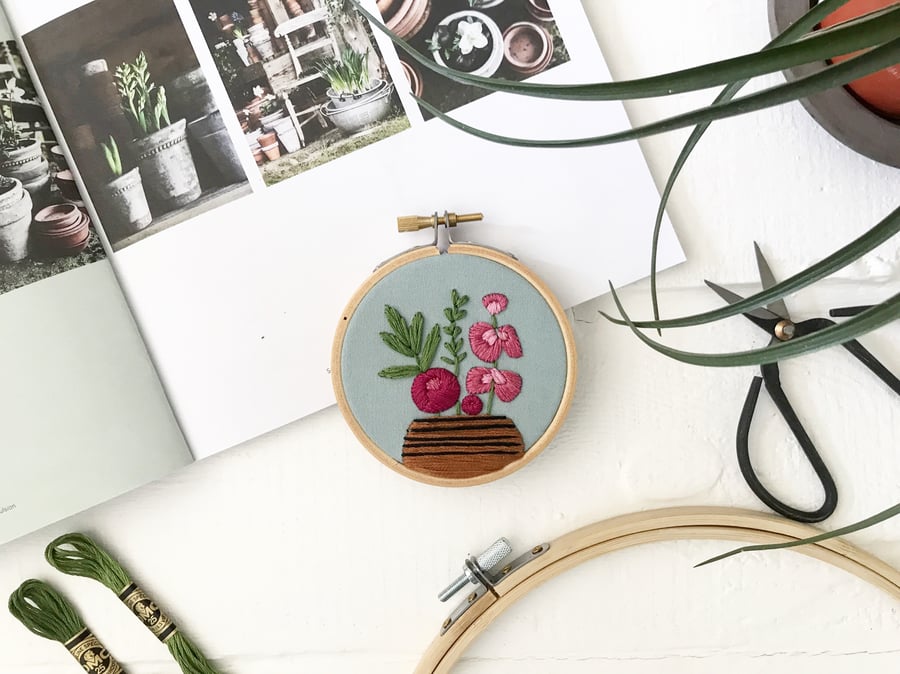 Flower embroidery. Botanical art. Embroidered hoop. Botanical embroidery.