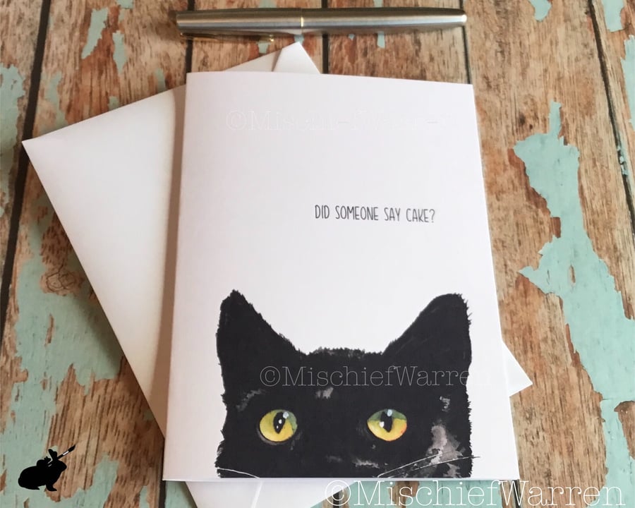 Black Cat Art Card - Did someone say cake? Birthday, wedding or retirement.