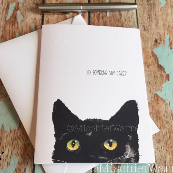 Black Cat Art Card - Did someone say cake? Birthday, wedding or retirement.