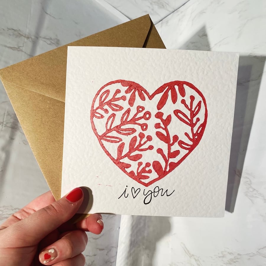 Handprinted Lino Love Heart Card - Red