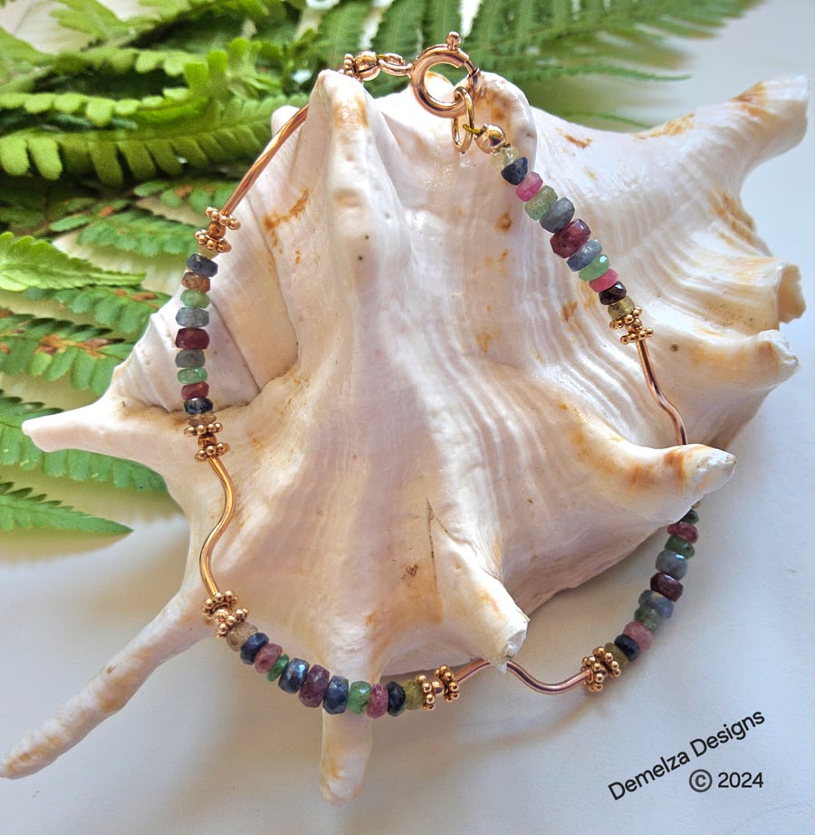 Designer Dainty Wavy Ruby, Emerald & Sapphire Rose Gold Vermeil Bracelet 