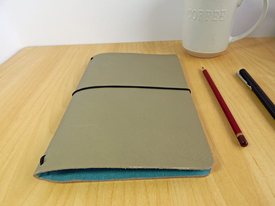 Grey Leather Notebook Cover Set with Aqua lining.Gifts for Dad. Fathers Day
