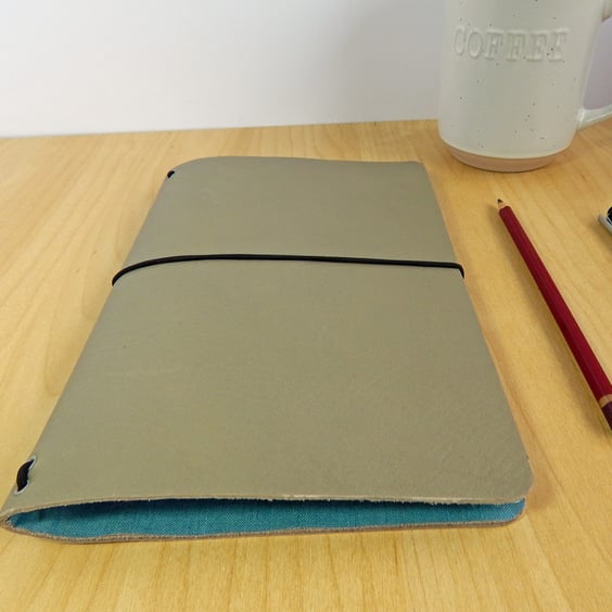 Grey Leather Notebook Cover Set with Aqua lining.Gifts for Dad. Fathers Day