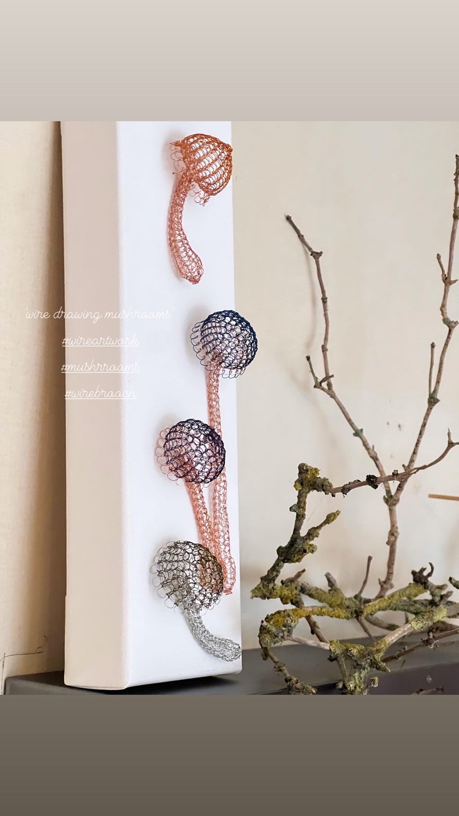 Copper wire sculpture mushrooms brooch pendent necklace