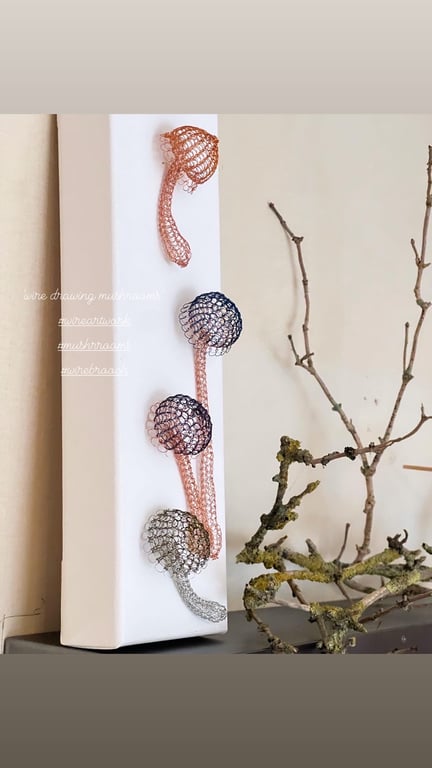Copper wire sculpture mushrooms brooch pendent necklace